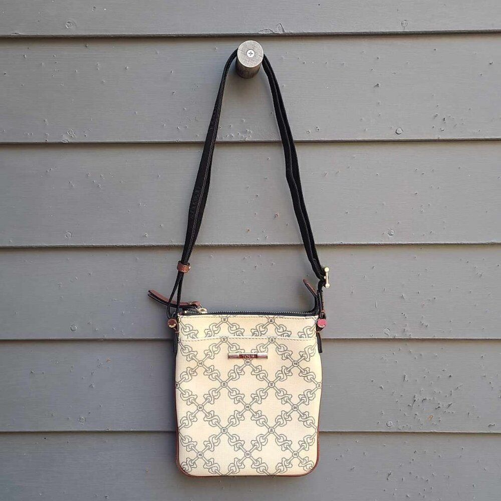 Tous Beige Gray Brown Black Leather Bear Chain Print Crossbody
